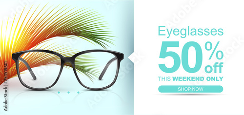 Eyeglasses banner concept with palm leaves. Summer discount banner.