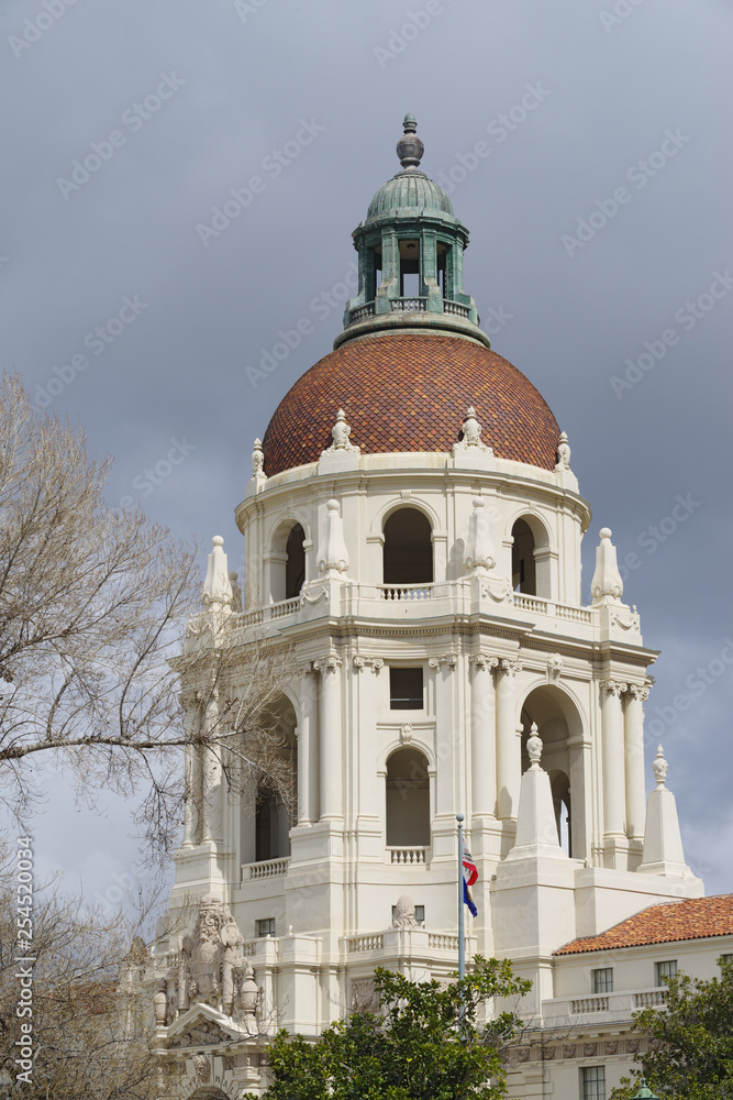 Main tower of the Pasadena City Hall in Los Angeles county. Main tower of the Pasadena City Hall in Los Angeles county.