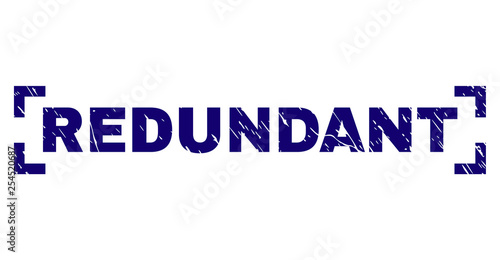REDUNDANT caption seal print with grunge style. Text tag is placed between corners. Blue vector rubber print of REDUNDANT with grunge texture.