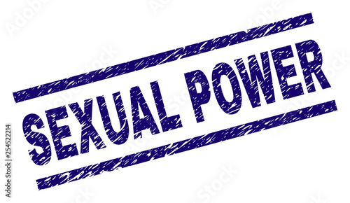 SEXUAL POWER seal print with distress style. Blue vector rubber print of SEXUAL POWER tag with retro texture. Text tag is placed between parallel lines.