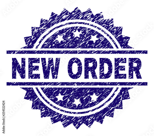 NEW ORDER stamp seal watermark with distress style. Blue vector rubber print of NEW ORDER caption with dust texture.