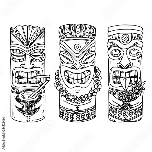 Set of wooden tiki idols. Sketch. Engraving style. Vector illustration.