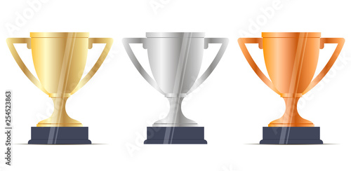 Winner Cup Reward Set. Gold, Silver, Bronze Trophy Award for Achieve Champ Place. Victory on Success Leadership Game Contest. Simple Web Site Ui Elements. Sport Prize. Flat Illustration.