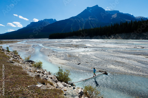 A woman walks across a log over the turquoise glacier waters and braided channels along the Icefields Parkway, Highway 93, Jasper National Park, Alberta, Canada. photo