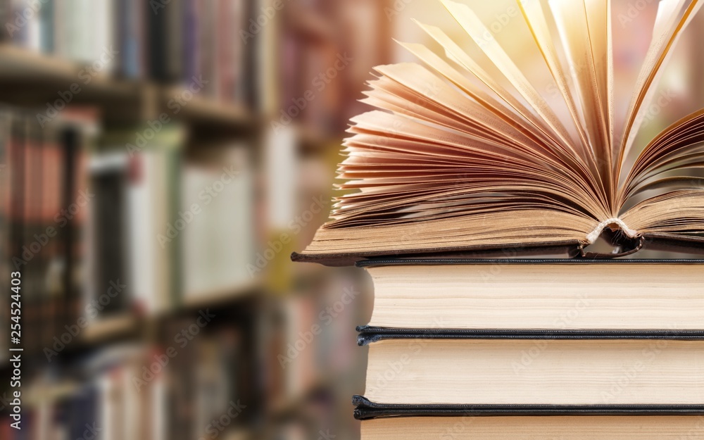 Fototapeta premium Old stacked books on blurred background