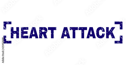 HEART ATTACK text seal print with grunge texture. Text tag is placed inside corners. Blue vector rubber print of HEART ATTACK with dirty texture.