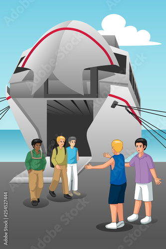 Young Men Coming Out from the Ferry Illustration