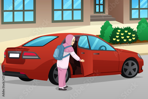 Muslim Girl Entering a Car Illustration