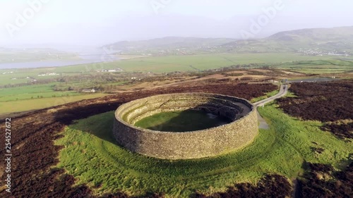 This is aerial footage of flying over Grianan of Aileach. An ancient stone ring fort in Donegal Ireland