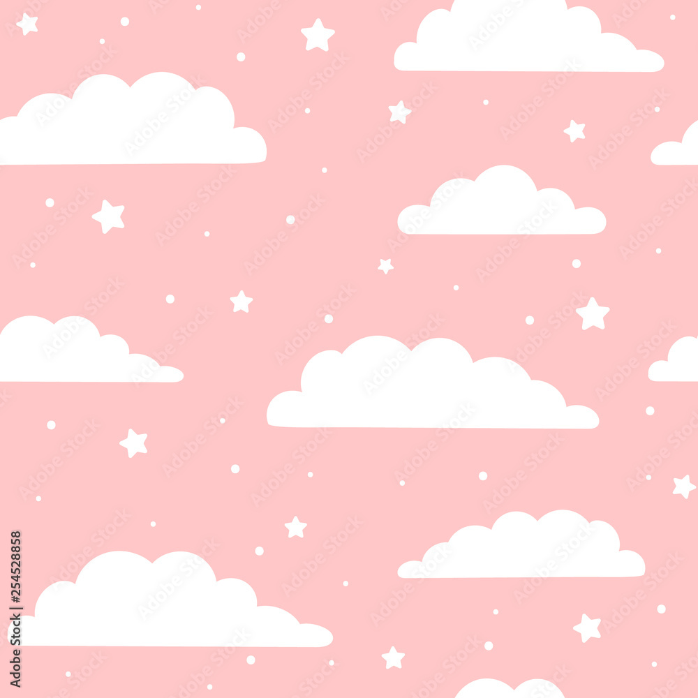 Cute seamless vector pattern. Clouds and stars on pink background