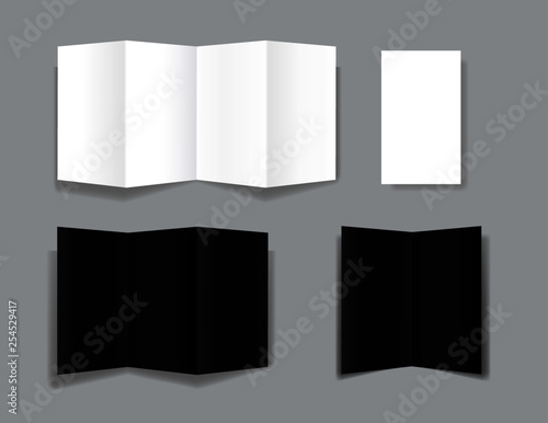 Set of realistic bifold paper brochures on grey background with soft shadows. White and black booklet template. Business card design or flyer mock-up. Vector illustration. 