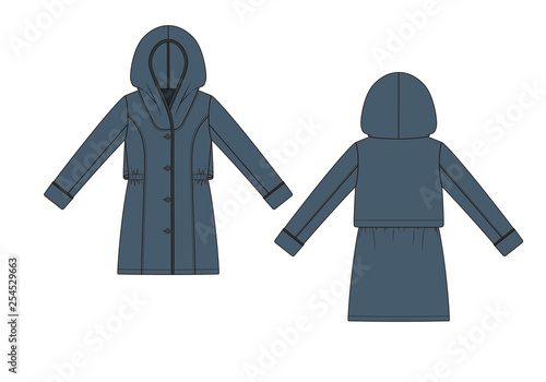 Fashion technical sketch of topcoat with hood in vector graphic