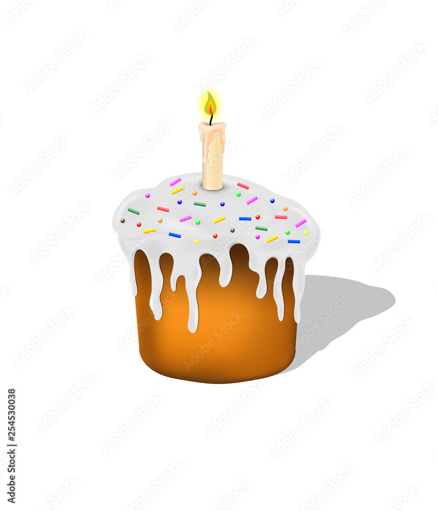 Easter cake in white glaze, sprinkled with multi-colored powder, with a candle on it.Isolated on a white background Easter cake in white glaze, sprinkled with multi-colored powder, with a candle on it.Isolated on a white background