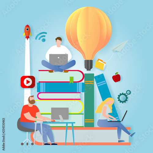 knowledge online. distance education concept. video tutorial, training courses. small people laying on books and textbooks while surfing internet with a laptop for ideas.Paper cut and craft style