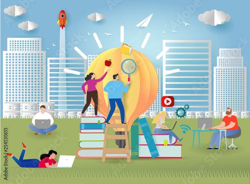 knowledge online. distance education concept. video tutorial, training courses. small people laying on books and textbooks while surfing internet with a laptop for ideas.Paper cut and craft style