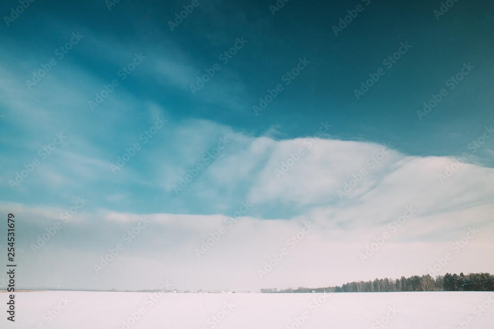 Snow-covered Field Meadow In Winter Frosty Sunny Day Snow-covered Field Meadow In Winter Frosty Sunny Day