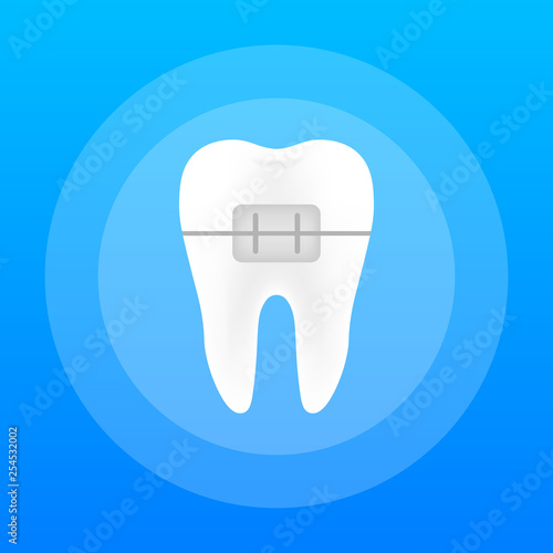 Correction of teeth with orthodontic braces. Stages of teeth alignment. Dental clinic services. Vector illustration.