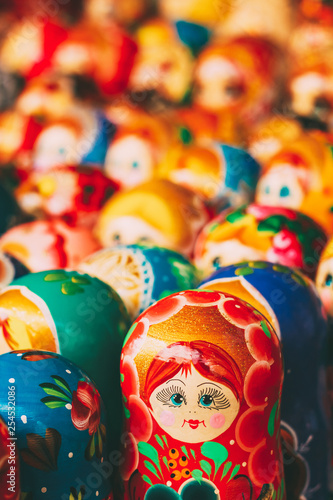 Colorful Russian nesting dolls at the market