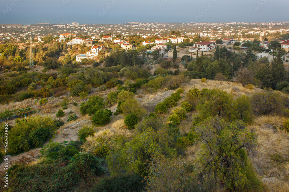 Aerial view of the Mediterranean coast near Kyrenia (Girne) from village of Bellapais in Northern Cyprus.