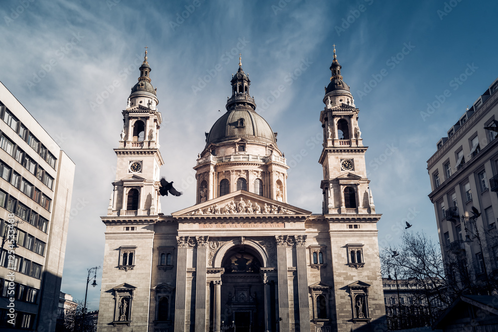 View of St. Stephen Basilica from the street. Budapest, Hungary