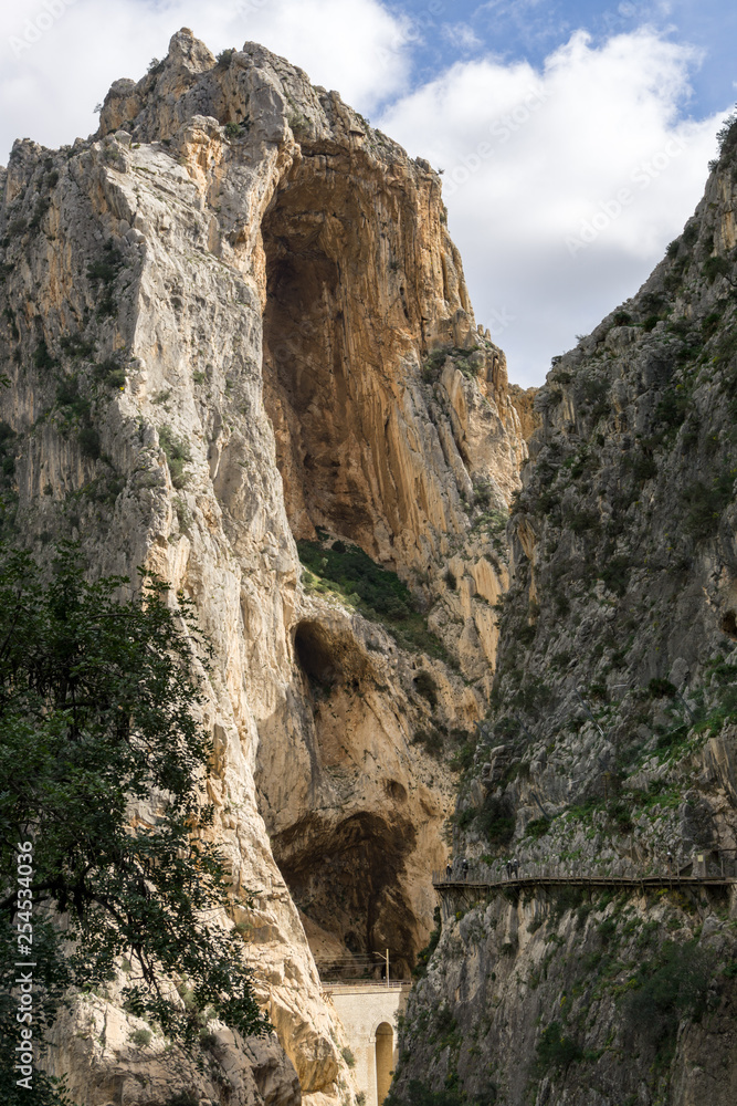 Caminito del rey hike and valley. Mountain path along steep cliffs and an enormous heights.