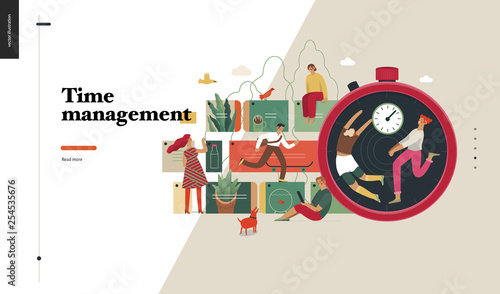 Technology 2 -Time management - modern flat vector concept digital illustration of time management metaphor, a stopwatch, timeline and people in workflow. Creative landing web page design template