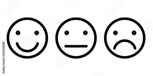 Basic emoticons set. Three facial expression of feedback - positive, neutral and negative. Simple black outline vector icons