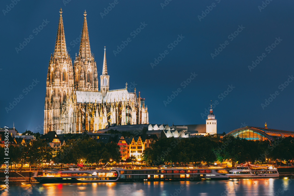 Night View Of Cologne Cathedral, Germany. Europe