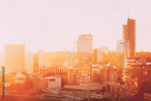 Sunset Sunrise Cityscape Of Vilnius, Lithuania In Summer. Beautiful Panoramic View In Evening