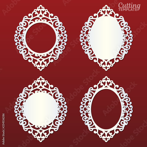 Laser cut paper lace round and oval frames set, vector illustration. Ornamental cutout photo frame with pattern. Abstract vintage background. Element for wedding invitation and greeting card.