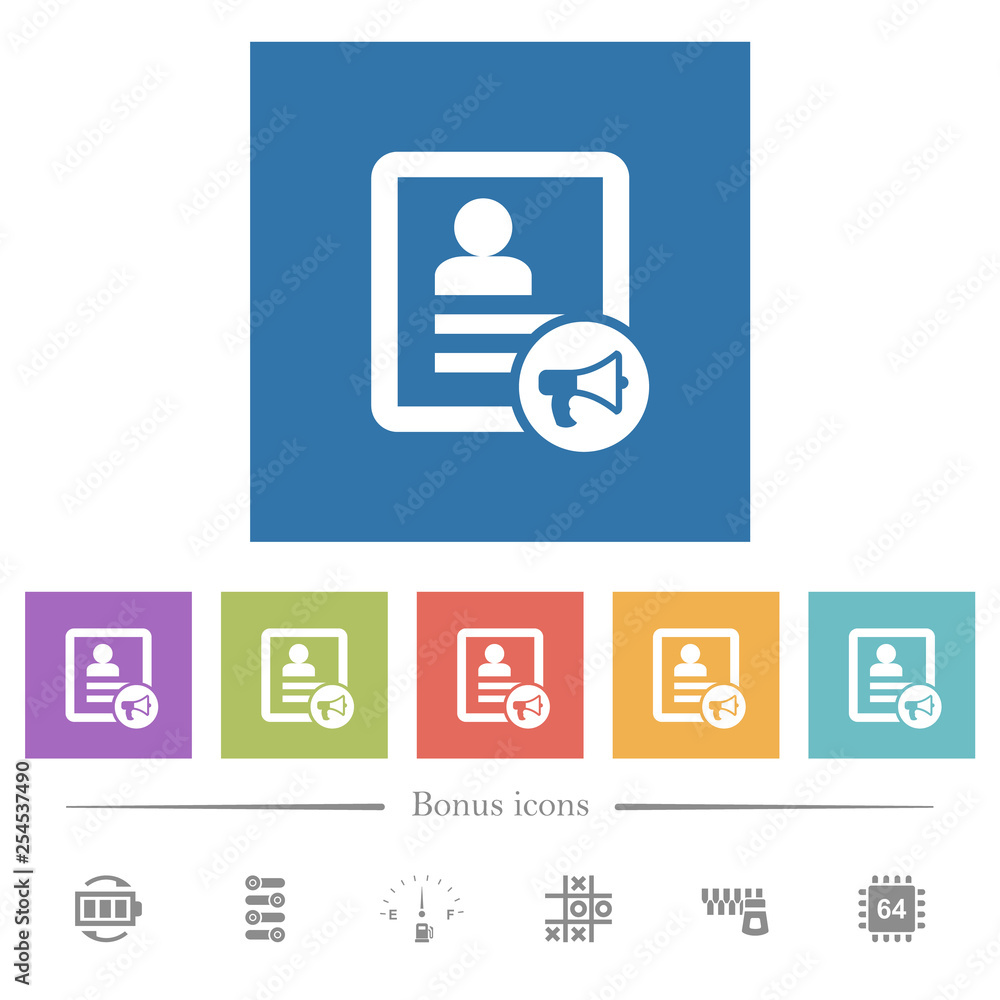 Contact alarm flat white icons in square backgrounds