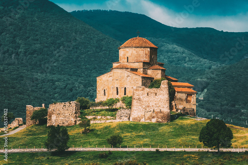 Mtskheta Georgia. Ancient World Heritage, Jvari Monastery On Green Valley, Scenic Hilly Background