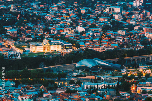 Tbilisi Georgia. Aerial View Of Music Hall, Rike Park, Avlabari Residence In Evening Illumination