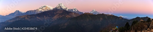 Sunset at Poon Hill on the Annapurna circuit in Nepal, view to Annapurna mountain range photo