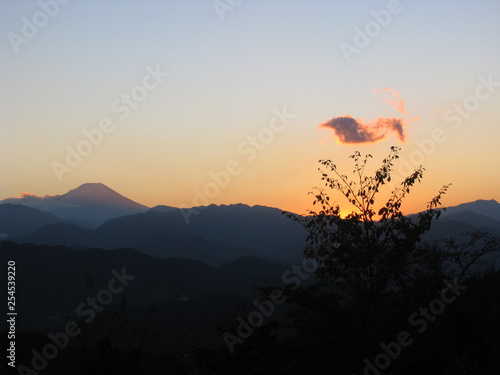 Sunset with Mt. Fuji, as seen from Mt. Takao, Japan photo