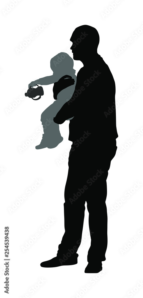 Awkward clumsy father with baby in hand vector silhouette. Little baby spill milk pacifier. Happy fathers day. Single parent take care about child. Divorced man with kid.