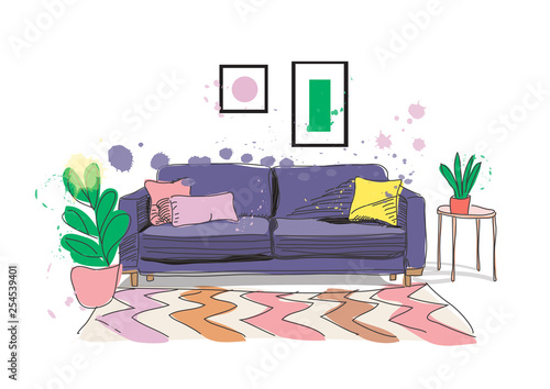 vector interior design illustration. home house decor decoration. furniture living room lounge.