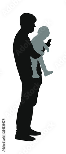Awkward clumsy father with baby in hand watching in phone vector silhouette. Gawky unhandy young parent with child. Irresponsible confused man with toddler. Imprudent unthinking father carrying kid.