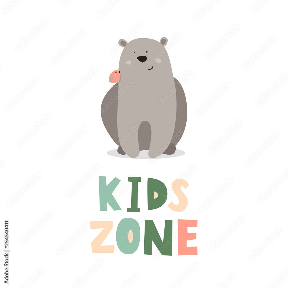 Kid s zone vector illustration. Cute bear with little bird and bold handwrittem text. Kid s zone vector illustration. Cute bear with little bird and bold handwrittem text.