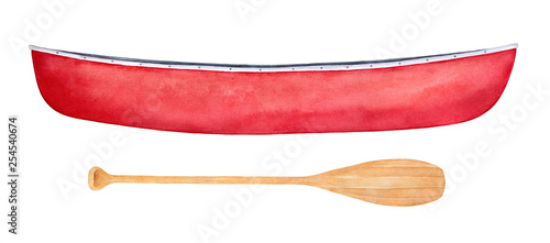 Fotografia, Obraz Red canoe and light brown paddle watercolor illustration set