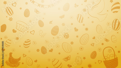 Background of eggs, flowers, cakes, hare, hen, chicken and other Easter symbols in yellow colors
