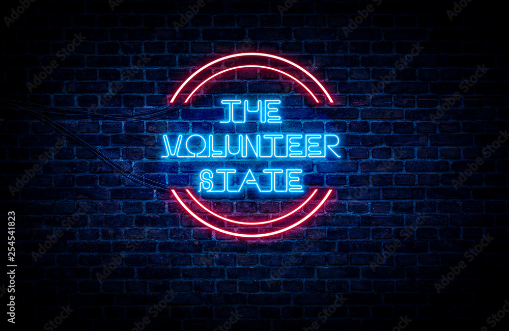 Ταπετσαρία A sign showing Tennessee state slogan, in blue and red neon light on a brick wall background and wires on the side