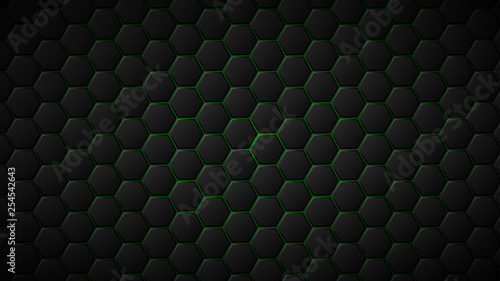 Abstract background of black hexagon tiles with green gaps between them