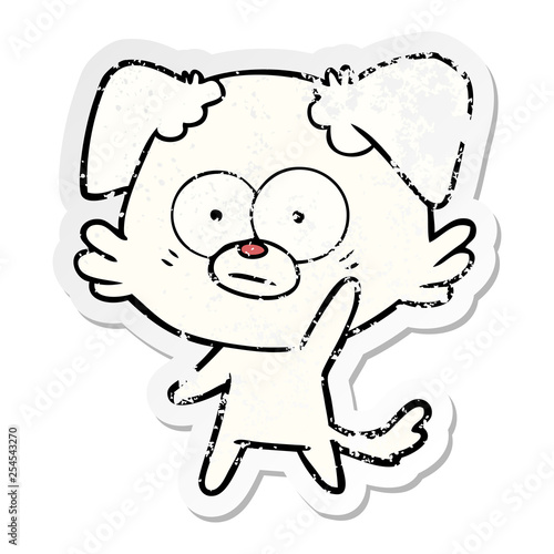 distressed sticker of a nervous dog cartoon waving