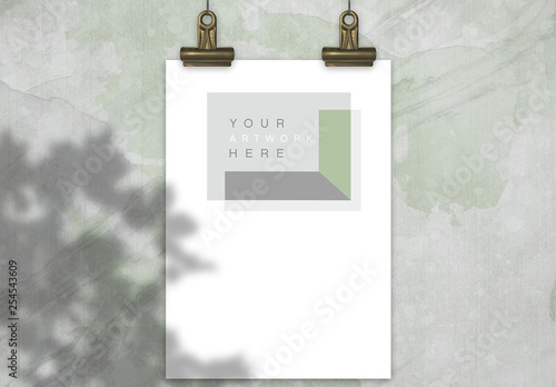 Poster binder clips. Simple poster mock up on grey grunge wall. Vertical  paper on binder clips. Place for text, photo, illusttation. Canvas. Flyer.  Business template. Stock Vector