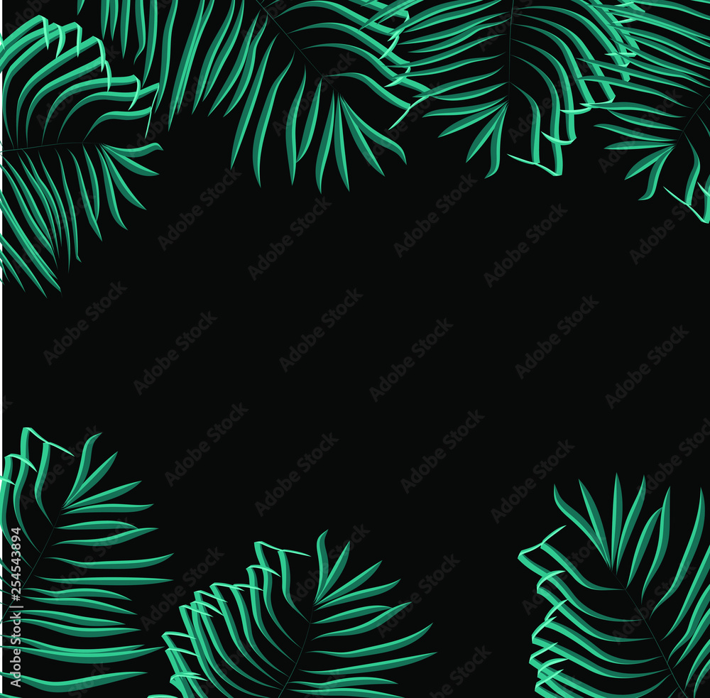 Green summer tropical background with exotic palm leaves and plants. Vector floral background.