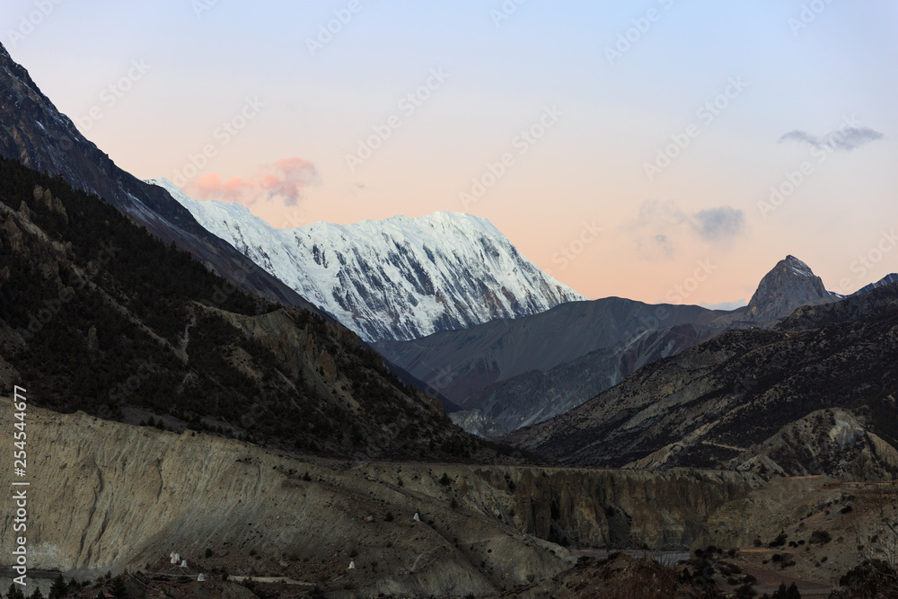 Mountain view from the village Manang on the Annapurna ciruit at sunrise, Nepal, Himalaya