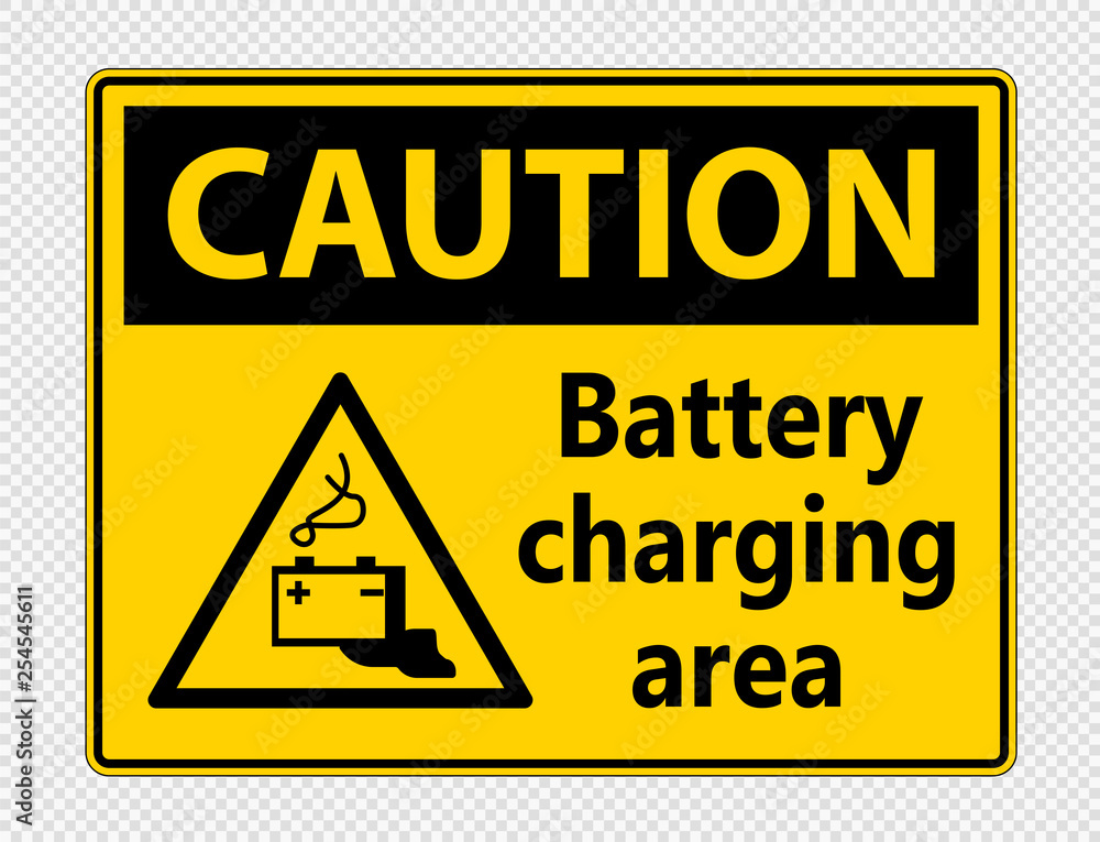 Caution battery charging area Sign on transparent background Caution battery charging area Sign on transparent background