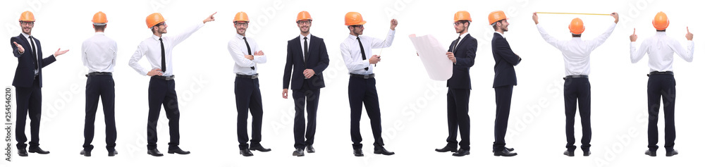 panoramic photo collage of confident architect isolated on white panoramic photo collage of confident architect isolated on white