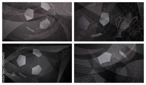 Set of four football or soccer dark abstract backgrounds with big ball in black and gray colors